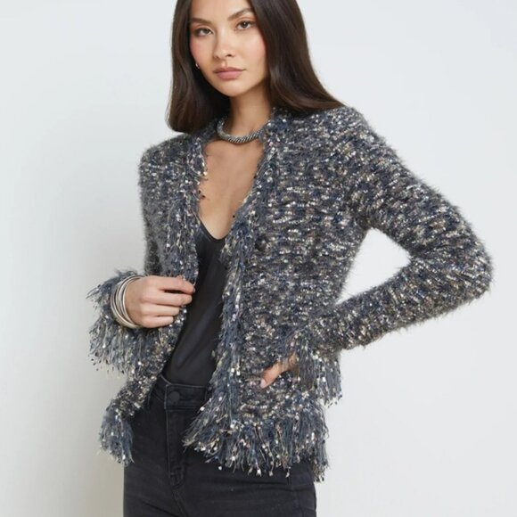 L’Agence Azure Blazer Grey Multi XS Fuzzy Fringe Open Cardigan Buttons Luxury - Picture 2 of 16